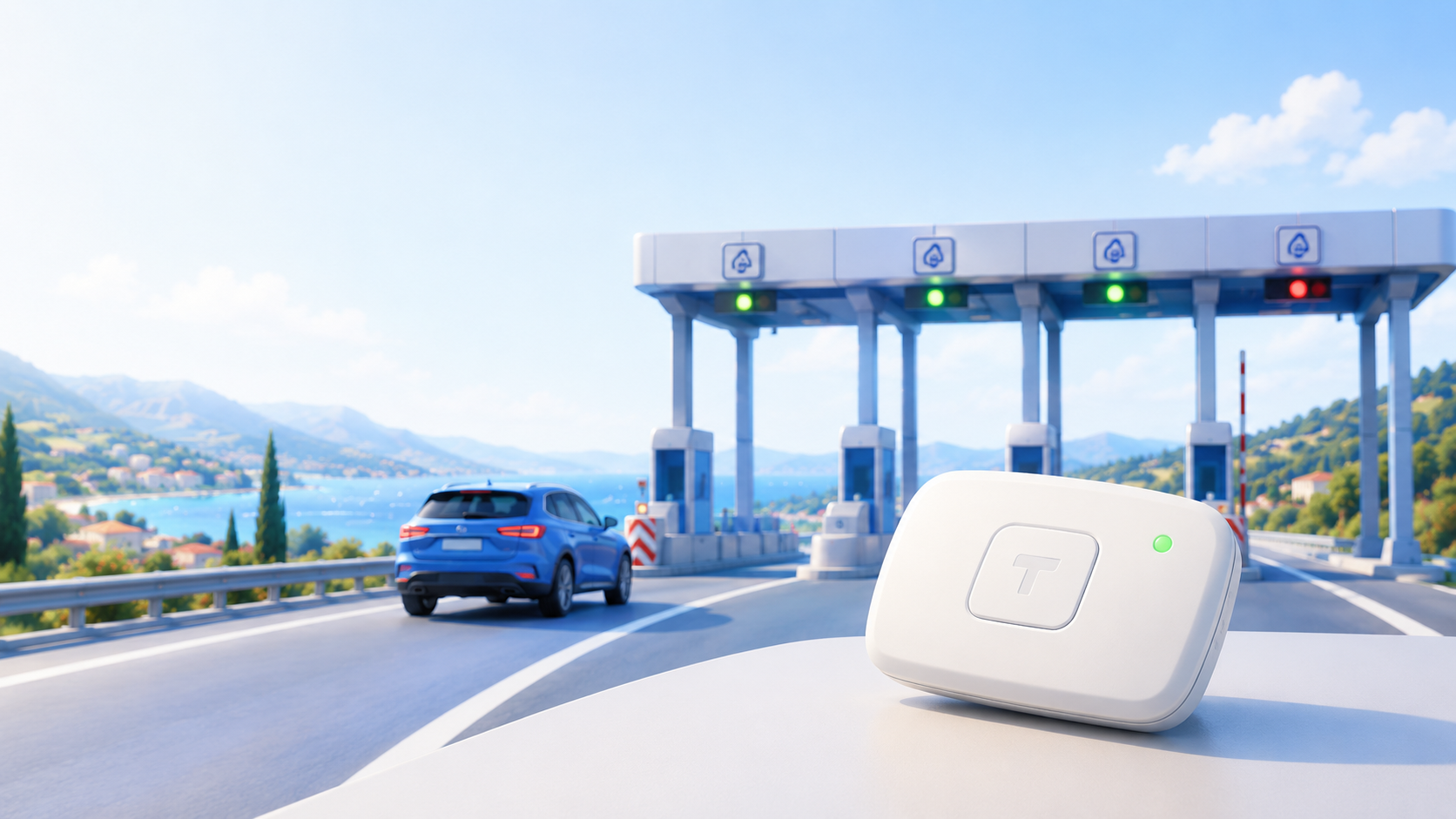 Auto nadert Europese tolpoort met tolbadge op het dashboard
